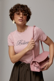 Жіноча футболка з вишитим написом і перлами