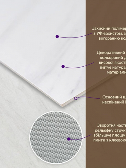 Декоративна ПВХ плита 600х600х3мм Білий мармур