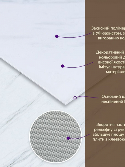 Декоративна ПВХ плита 600х600х3мм Білий грецький мармур