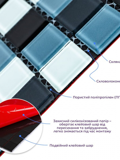 Мозаїка з декоративного скла 298х298х4,5мм Чорно-сіра