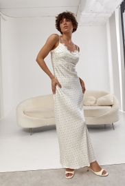 Атласна сукня в горох із мереживом