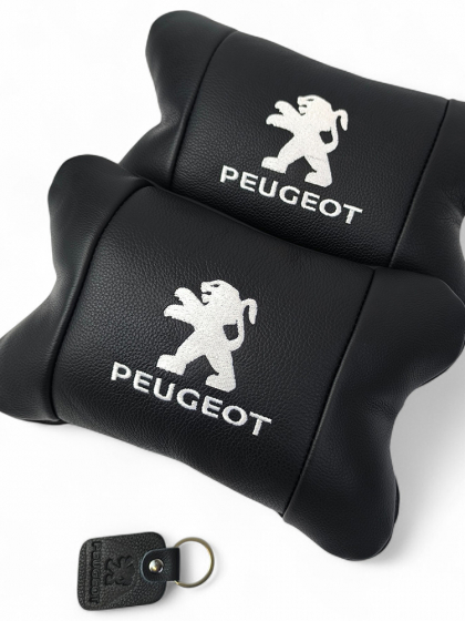 Набір подушок Peugeot із шкіри + брелок у подарунок, Автоподушки з вишивкою