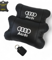 Набір автодушки 2шт на підголовник Audi / Ауді з натуральної шкіри чорна / Підголовник в машину