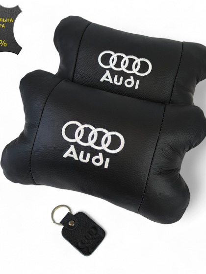 Набір автодушки 2шт на підголовник Audi / Ауді з натуральної шкіри чорна / Підголовник в машину