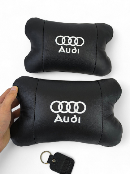 Набір автодушки 2шт на підголовник Audi / Ауді з натуральної шкіри чорна / Підголовник в машину