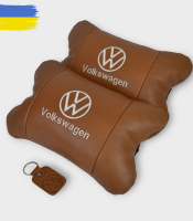 Набір подушок 2шт для автомобіля Volkswagen, з натуральної коричневої шкіри. Подушки на підголовник