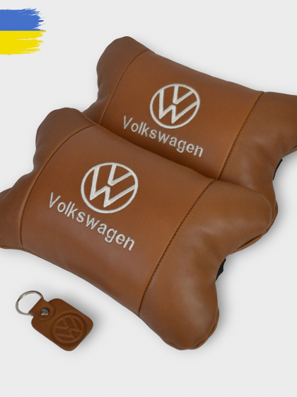 Набір подушок 2шт для автомобіля Volkswagen, з натуральної коричневої шкіри. Подушки на підголовник