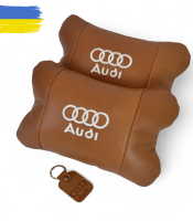 Набір із двох подушок на підголівник Audi, з натуральної коричневої шкіри, Подарунок чоловікові водієві