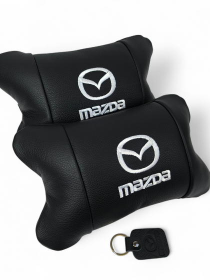 Набір шкіряних подушок Mazda з вишивкою логотипу + подарунок – шкіряний брелок