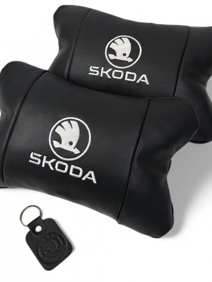 Автомобільні подушки 2 шт на підголівник Skoda / Шкода, з натуральної шкіри, стильний аксесуар для вашого авто