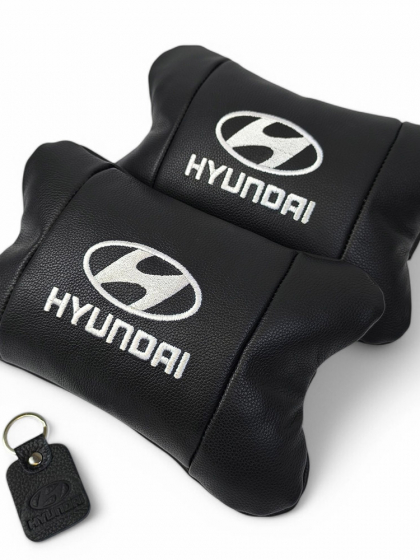 Набір подушок для авто Hyundai 2шт, натуральна шкіра, чорний колір, комфортні підголовники в автомобіль