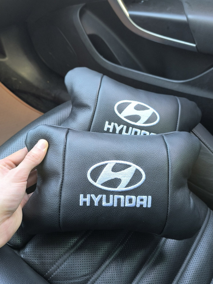 Набір подушок для авто Hyundai 2шт, натуральна шкіра, чорний колір, комфортні підголовники в автомобіль