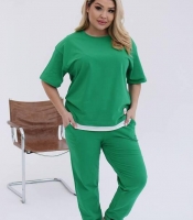 Спортивный костюм-двойка женский из турецкого кулира с манжетами на брюках и футболкой с белой вставкой весенний летний