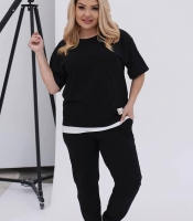 Спортивный костюм-двойка женский из турецкого кулира с манжетами на брюках и футболкой с белой вставкой весенний летний