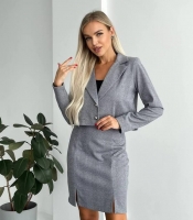 Костюм-двойка женский кашемир елочка с юбкой и укороченным пиджаком на подплечниках весенний