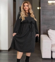 Платье трапеция миди А-силуэт на резинке с длинными рукавами принт горох