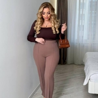 Брюки женские прямого кроя из креп-дайвинга с карманами и декоративной полосой весенне-летние