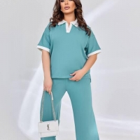 Прогулочный костюм женский из двунитки пенье с контрастным воротником и широкими брюками весенне-летний