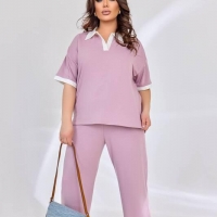 Прогулочный костюм женский из двунитки пенье с контрастным воротником и широкими брюками весенне-летний