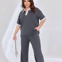 Прогулочный костюм женский из двунитки пенье с контрастным воротником и широкими брюками весенне-летний