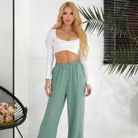 Брюки женские из американского крепа широкие на резинке с высокой посадкой весенние