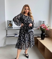 Платье трапеция женское шифоновое с подкладкой и воздушными рукавами весеннее