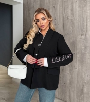 Пиджак женский удлиненный из креп костюмной ткани без подкладки с вышивкой на рукаве весенне-летний