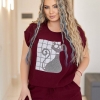 Костюм женский из американского крепа с блузой на кулиске и брюками на резинке с камнями и трендовым принтом весенний  k-118275