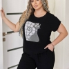 Костюм женский из американского крепа с блузой на кулиске и брюками на резинке с камнями и трендовым принтом весенний  k-118276