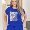 Костюм женский из американского крепа с блузой на кулиске и брюками на резинке с камнями и трендовым принтом весенний  k-118277