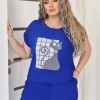 Костюм женский из американского крепа с блузой на кулиске и брюками на резинке с камнями и трендовым принтом весенний  k-118277