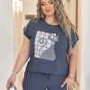 Костюм женский из американского крепа с блузой на кулиске и брюками на резинке с камнями и трендовым принтом весенний  k-118278