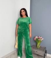 Спортивный костюм женский велюровый плюшевый с футболкой и широкими штанами с декором в виде каменных бабочек весенне-летний