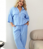 Костюм женский льняной жатый свободного кроя с карманами и молнией на горловине весенний летний