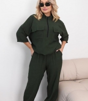 Костюм женский льняной жатый свободного кроя с карманами и молнией на горловине весенний летний