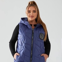 Жилет женский плащевка лаке стеганый с капюшоном и декоративной нашивкой весенний