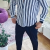 Костюм-двойка мужской из натурального льна с рубашкой в полоску и брюками из жатого льна летний  k-120169