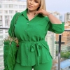 Костюм-двойка женский креп жатка: рубашка свободного кроя с поясом и прямые брюки на резинке летний  k-121029