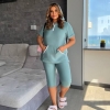 Костюм-двойка женский структурированный лен в стиле бохо с коротким рукавом и укороченными брюками летний  k-121472