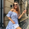 Платье женское короткое софт с открытыми плечами, завязками, многослойной юбкой и цветочным принтом летнее  k-122243