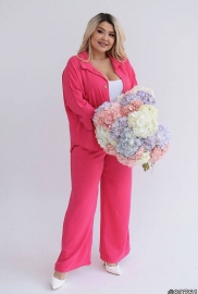 Женский костюм из софт жатки с рубашкой оверсайз и брюками палаццо Plus Size летний