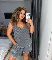 Женская пижама хлопковая в клетку топ на бретелях и свободные шорты Plus Size летняя