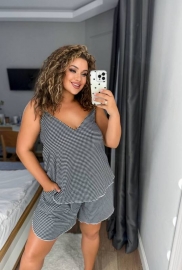 Женская пижама хлопковая в клетку топ на бретелях и свободные шорты Plus Size летняя