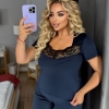 Домашний костюм женский бархатный однотонный с кружевной вставкой футболка и брюки осенний  k-122803