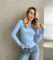 Лонгслив женский базовый голубой из турецкого рубчика с длинным рукавом осенний