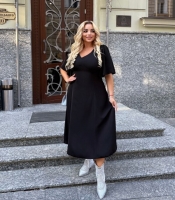 Платье миди женское из европрады с V-образным вырезом и свободными струящимися рукавами осеннее