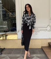 Комплект-двойка женский: платье миди на бретелях из хлопкового кулира и клетчатая фланелевая рубашка с кулиской осенний