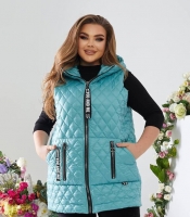 Жилетка женская удлинённая стеганая бирюзовая с капюшоном из плащевки Лаке на синтепоне осенняя