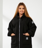 Пальто женское из ткани «барашек» свободного кроя с молнией и накладными карманами осеннее