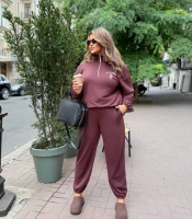 Костюм-двойка женский осенний из двунитки с худи на кулиске и прямыми брюками